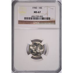 1943 MERCURY DIME, NGC MS-67