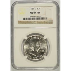 1959-D FRANKLIN HALF DOLLAR, NGC MS-64 FBL