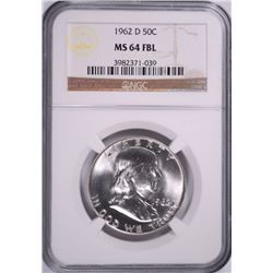 1962-D FRANKLIN HALF DOLLAR, NGC MS-64 FBL TOUGH!