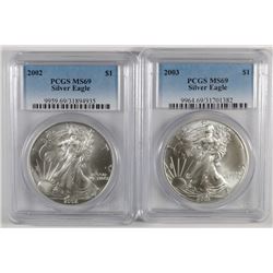 2002 & 2003 AMERICAN SILVER EAGLES, PCGS MS-69