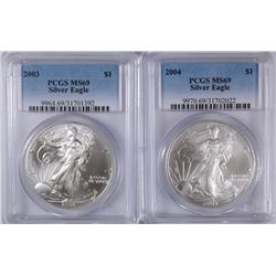 2003 & 2004 AMERICAN SILVER EAGLES, PCGS MS-69