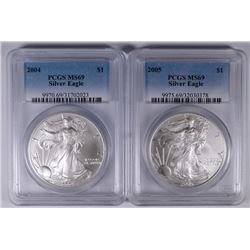 2004 & 2005 AMERICAN SILVER EAGLES, PCGS MS-69