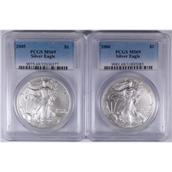 2005 & 2006 AMERICAN SILVER EAGLES, PCGS MS-69