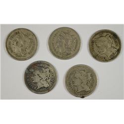 (5) 1867 THREE CENT NICKELS