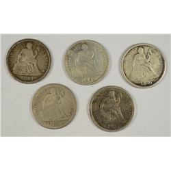 (5) SEATED DIMES (75-S, 76, 84, 90, 91-O)