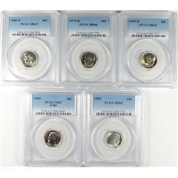 (5) SLABBED ROOSEVELT DIMES (55, 66 SMS, 69-D, 75-D, 96) PCGS 65-67