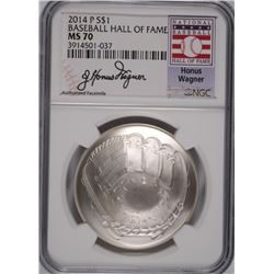 2014 BASEBALL HALL OF FAME COMMEM SILVER DOLLAR NGC MS-70  HONUS WAGNER LABEL