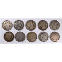 10 BARBER HALF DOLLARS; 1902, 1907, 2- 1908-O, 1908D, 1910, 1911, 1912-D, 1914-S