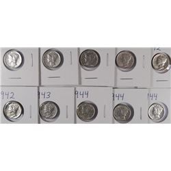 10 MERCURY DIMES - ALL IN THE 1940's  AVG CIRC