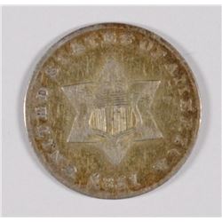 1851 THREE CENT SILVER PIECE, XF+