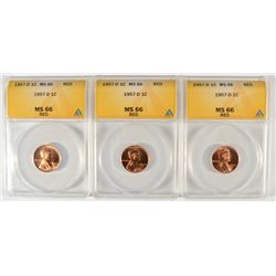 3 - 1957D 1C LINCOLN CENT ANACS MS66RD