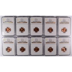 LOT OF ( 10 ) 1958-D LINCOLN CENTS, NGC MS-66 RED