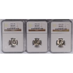 LOT OF ( 3 ) 1953-S ROOSEVELT DIMES, NGC MS-65 FULL TORCH