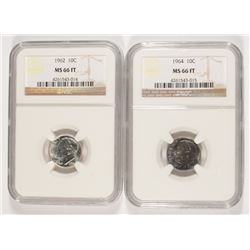LOT OF (2) ROOSEVELT DIMES, NGC MS-66 FULL TORCH: 1962 & 1964