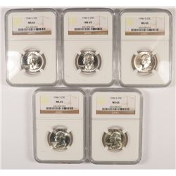 LOT OF ( 5 ) 1946-S WASHINGTON QUARTERS, NGC MS-65