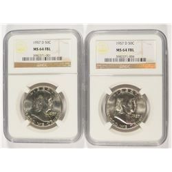 LOT OF ( 2 ) 1957-D FRANKLIN HALF DOLLARS,  NGC MS-64 FBL