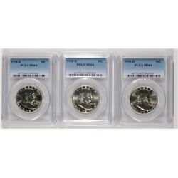 LOT OF ( 3 ) 1958-D FRANKLIN HALF DOLLARS, PCGS MS-64