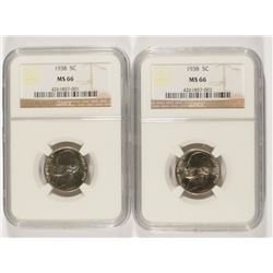 LOT OF ( 2 ) 1938 JEFFERSON NICKELS, NGC MS-66