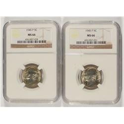LOT OF ( 2 ) 1945-P SILVER JEFFERSON "WAR" NICKELS, NGC MS-66 TOUGH!