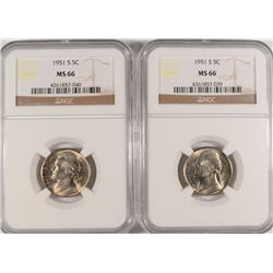 LOT OF ( 2 ) 1951-S JEFFERSON NICKELS, NGC MS-66