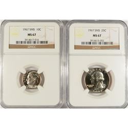 1967 SMS ROOSEVELT DIME AND 1967 SMS WASHINGTON QUARTER, BOTH NGC MS-67!