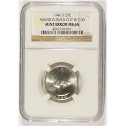 1946-S WASHINGTON QUARTER MINT ERROR, NGC MS-65 CURVED CLIP, NICE!!