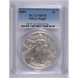2005 AMERICAN SILVER EAGLE, PCGS MS-70 RARE LISTS IN PCGS PRICE GUIDE AT $700.00