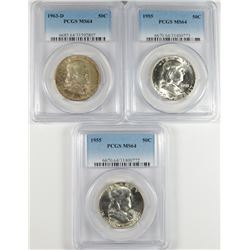 1963-D & 2 1955 FRANKLIN HALVES PCGS MS-64