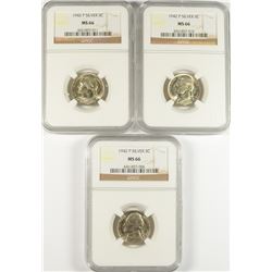 LOT OF ( 3 ) 1942-P JEFFERSON SILVER WAR NICKELS, NGC MS-66