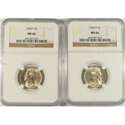 LOT OF ( 2 ) 1945-P SILVER JEFFERSON WAR NICKELS, NGC MS-66