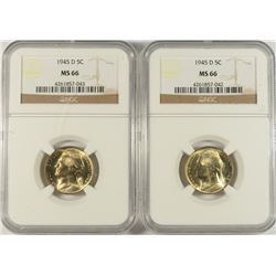 LOT OF ( 2 ) 1945-D SILVER JEFFERSON NICKELS, NGC MS-66
