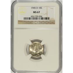 1945-D MERCURY DIME, NGC MS-67