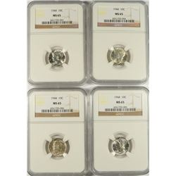 LOT OF ( 4 ) 1944 MERCURY DIMES, NGC MS-65