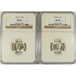 1941-S & 1942-S MERCURY DIMES, NGC MS-66