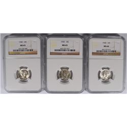 ( 3 ) 1945 MERCURY DIMES: (2)  NGC MS-65 & (1)  NGC MS-66