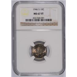 1946-S ROOSEVELT DIME, NGC MS-67 FULL TORCH, GORGEOUS TONING