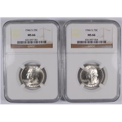 LOT OF ( 2 ) 1946-S WASHINGTON QUARTERS, NGC MS-66