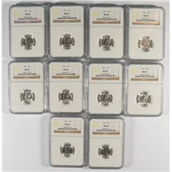 LOT OF ( 10 ) 1957 ROOSEVELT DIMES, NGC MS-66