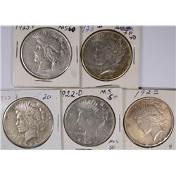 ( 5 ) PEACE SILVER DOLLARS: 1922, 1922-D, 1922-S, 1923-S AND 1925