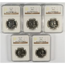 LOT OF 4-1962 & 1-1963 FRANKLIN HALF DOLLARS, NGC PROOF-66