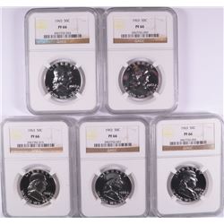 LOT OF ( 5 ) 1963 FRANKLIN HALF DOLLARS, NGC PROOF-66