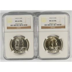 LOT OF ( 2 ) 1963-D FRANKLIN HALF DOLLARS, NGC MS-64 FBL