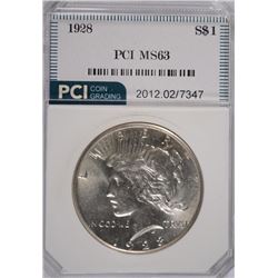 1928 PEACE SILVER DOLLAR, PCI MS-63 WHITE
