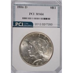 1934-D PEACE SILVER DOLLAR, PCI MS-64 WHITE