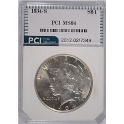 1934-S PEACE SILVER DOLLAR, PCI MS-64 WHITE!