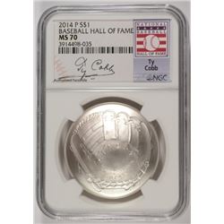 2014 BASEBALL HALL OF FAME COMMEM SILVER DOLLAR NGC MS-70  TY COBB LABEL