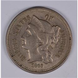 1868 THREE CENT NICKEL AU