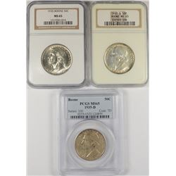 SET OF (P, D, S) 1935 BOONE COMMEN HALF DOLLAR'S NGC/PCGS MS-65