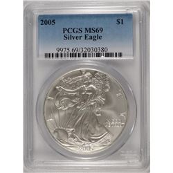 2005 AMERICAN SILVER EAGLE, PCGS MS-69
