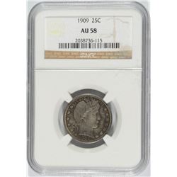 1909 BARBER QUARTER, NGC AU-58